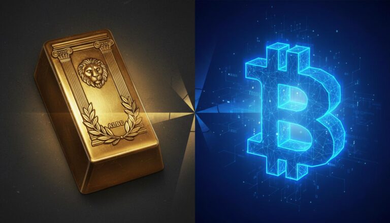 Conceptual split image comparing Gold and Cryptocurrency as a Store of Value