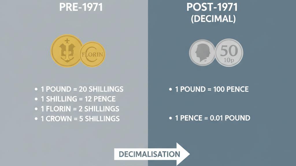 Infographic explaining the Decimalization of the Pound Sterling in 1971